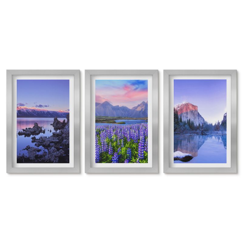 Zestaw 3 obrazów w srebrnych ramach Tulup 20x30 cm Krajobrazy gór z wodą niebem Obrazy w srebrnej ramie 1 kpl