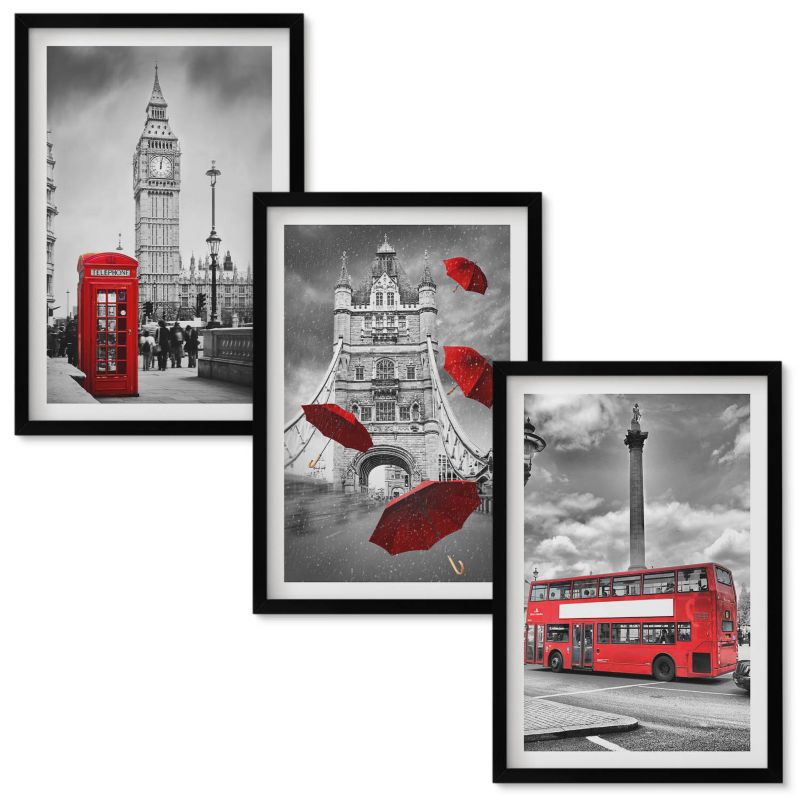 Obrazy Do Sypialni Wallfluent Czerwona budka parasolka i autobus Londyn Czarna rama 40x60 cm 3 szt.
