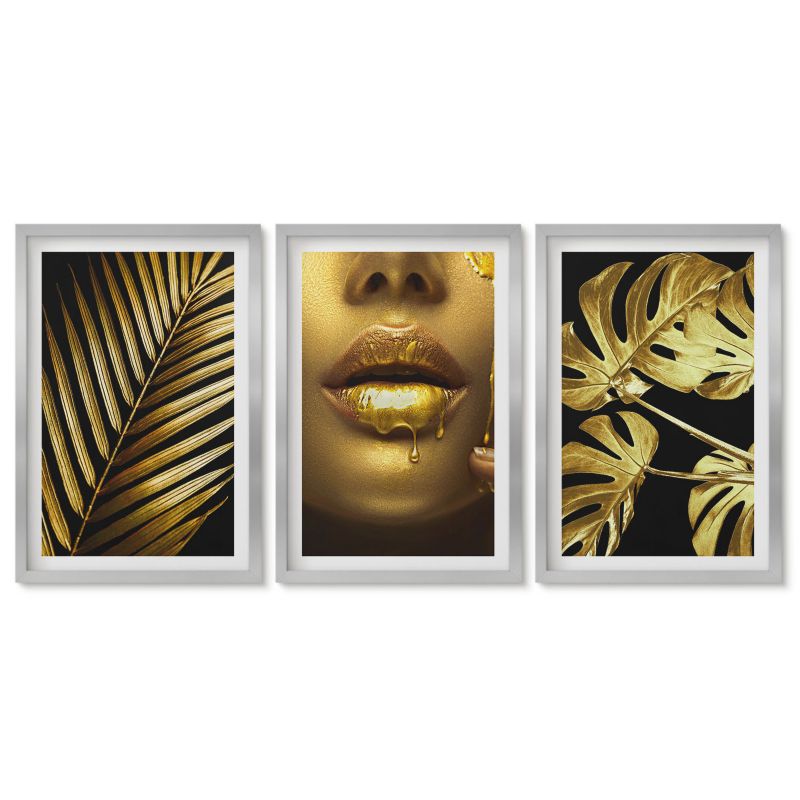 Zestaw 3 obrazów w srebrnej ramie Tulup 40x60 cm Palma monstera usta kobiety Obrazy do kuchni w ramie 1 kpl