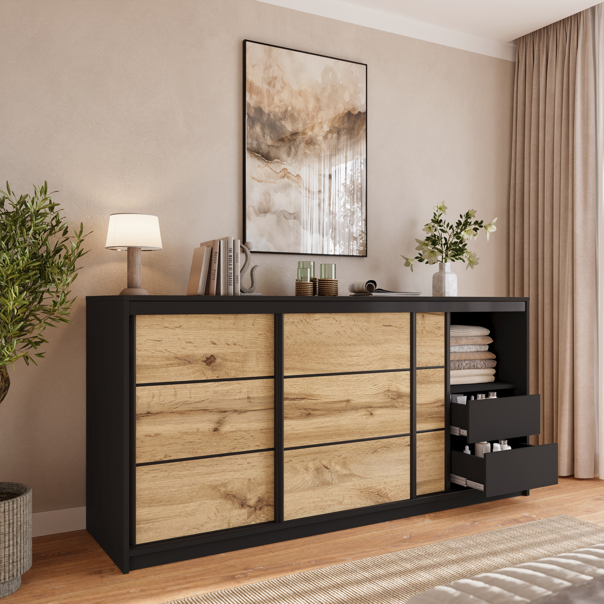 Duża komoda przesuwna z szufladami i drążkiem 200 cm LOFT