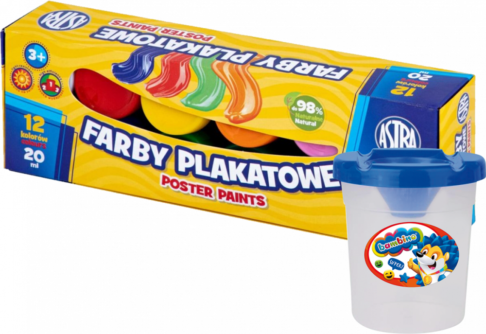 Zestaw: Farby plakatowe Astra, 20ml, 12 sztuk + Kubek do wody i farb Bambino Zwierzaki Uczniaki, z blokadą wylania