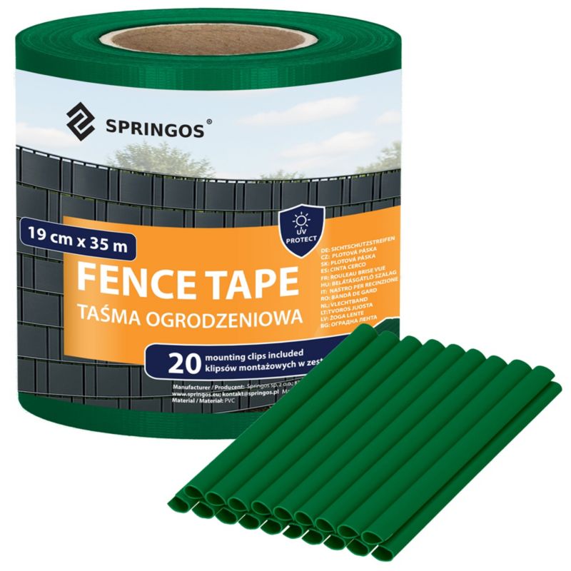 Taśma ogrodzeniowa Springos PVC 35m x 19 cm 450 g/m2 z klipsami mocującymi 20 szt. ciemna zieleń 1 kpl.