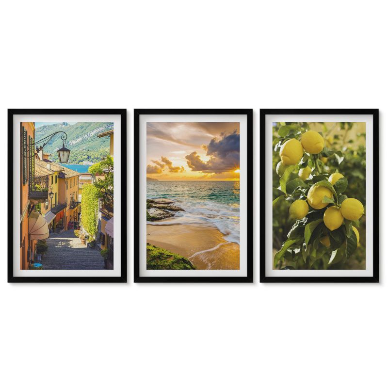 Zestaw 3 obrazów w czarnych ramach Tulup 40x60 cm Uliczki morze plaża cytrusy Dekoracja ścienna do przedpokoju 1 kpl