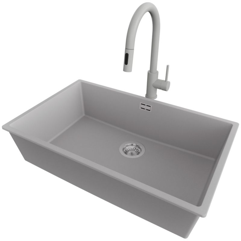 Zlewozmywak Granitowy Londyn Slim PRIMAGRAN Nablatowy 76x47cm do Szafki od 80cm, Szary + Bateria 40x20cm + Syfon, S499, 1 szt.