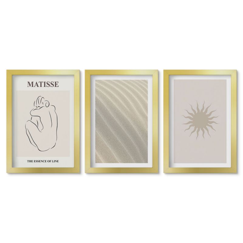Zestaw 3 obrazów w złotej ramie Tulup 20x30 cm Minimalistyczne linie piasku słońce Obrazy w złotej ramie 1 kpl