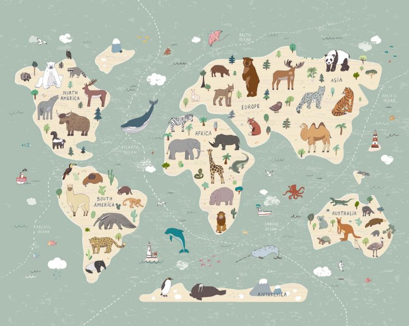 fototapeta Sanders & Sanders mapa świata dla dzieci szaro-niebieskimIbeżowym 350 x 279 cm - 1 rol.