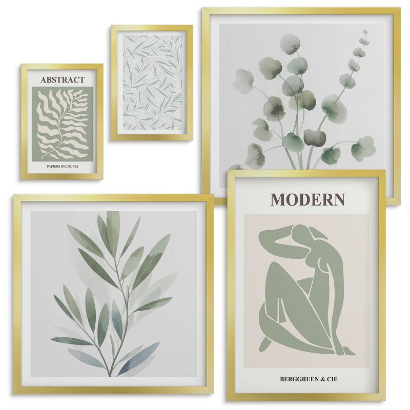Set Obrazów w Ramie Wallfluent Wzornictwo Matisse rośliny boho Złota rama 5 szt.