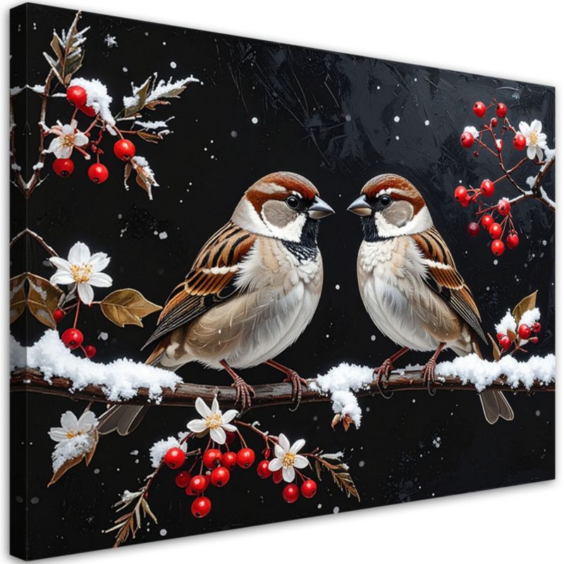 Obraz do salonu sypialni biura Feeby Ptaki na gałęzi w zimie i owoce jarzębiny 120x80cm 1szt