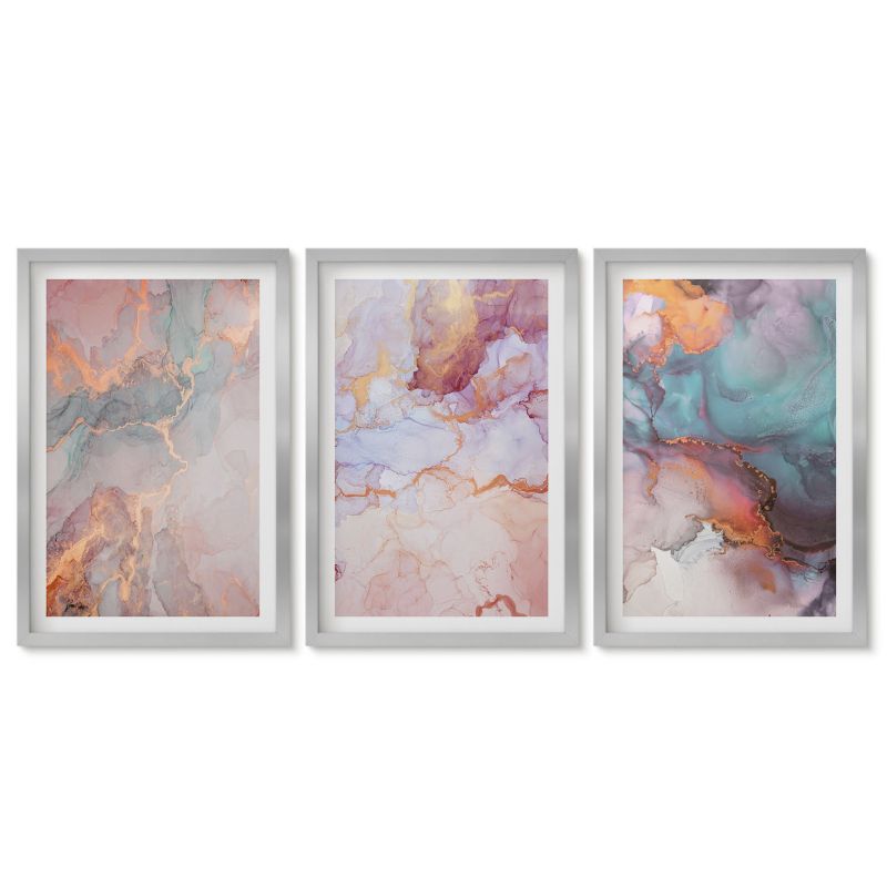 Trzy obrazy w srebrnej ramie zestaw Tulup 40x60 cm Abstrakcyjne pastelowe wzory Stylowa galeria nad biurko 1 kpl
