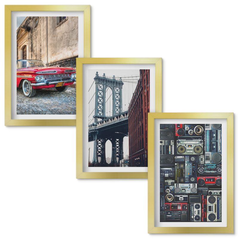 Obrazy do Salonu Wallfluent Stare auto most Brooklyn retro audio Złota rama 20x30cm 3 szt.