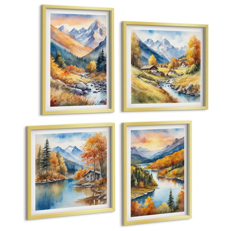 Zestaw 4 Obrazów ArtPrintCave (2x50x50+2x40x60cm) Złota rama Górski krajobraz z rzeką 1 kpl.