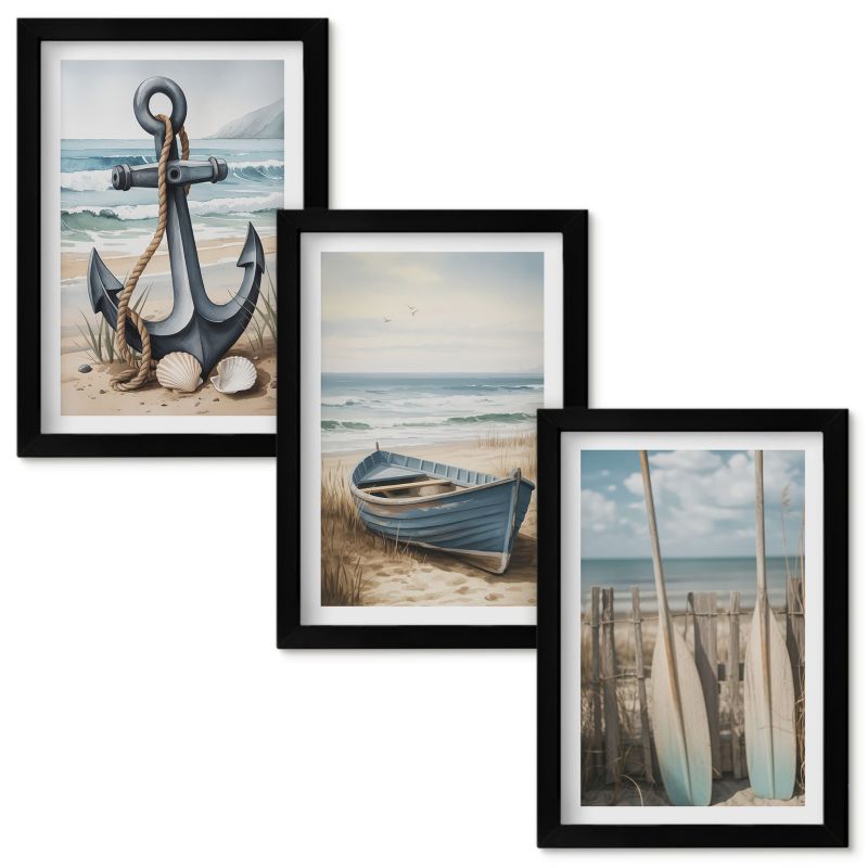 Zestaw Obrazów w Ramie Wallfluent Kotwica łódka wiosła plaża Czarna rama 20x30cm 3 szt.