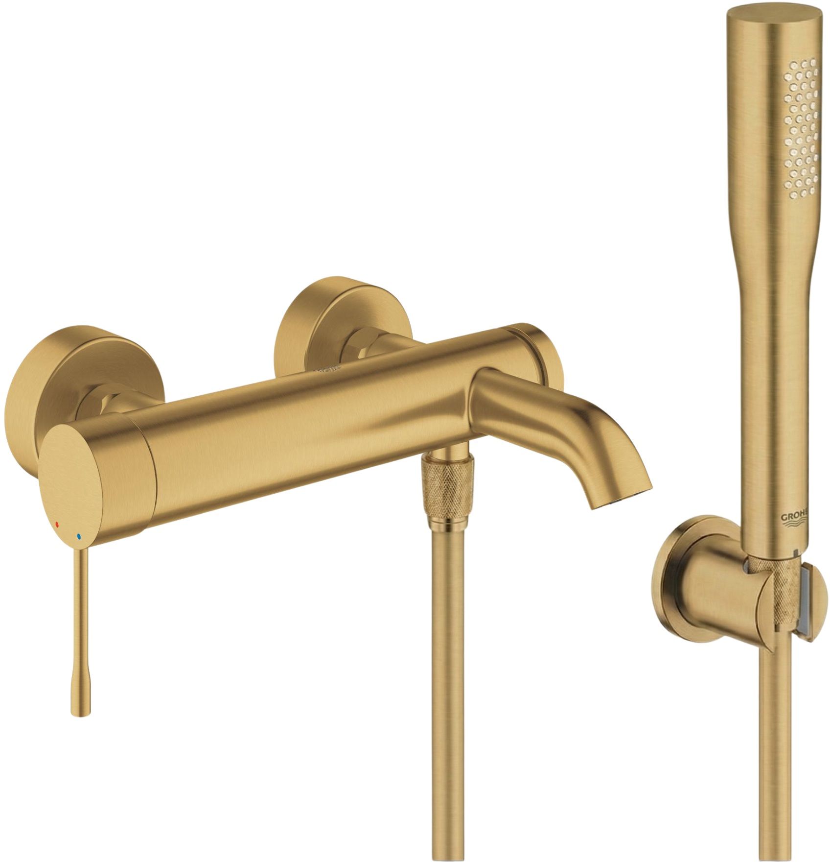 Zestaw Grohe Essence bateria wannowo-prysznicowa ścienna z kompletem prysznicowym Brushed Cool Sunrise (33624GN1, 28362GL1, 27074GN0, ...
