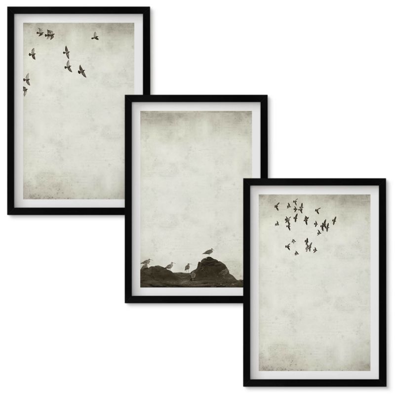 Zestaw obrazów Wallfluent Lecące ptaki minimalizm Czarna rama 40x60 cm 3 szt.