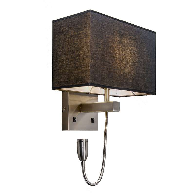 lampa ścienna z kloszem i ramieniem do czytania Qazqa Bergamo czarny kwadratowy max 60W E27 z 2 punktami świetlnymi IP20 1 szt.