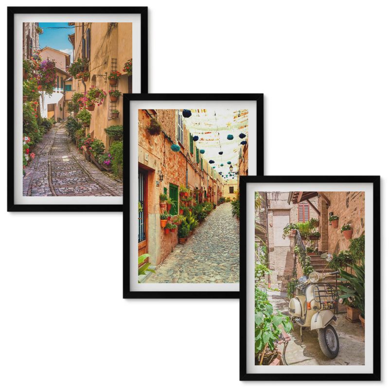 Zestaw obrazów Wallfluent Uliczki kwiaty włoski klimat Czarna rama 40x60 cm 3 szt.