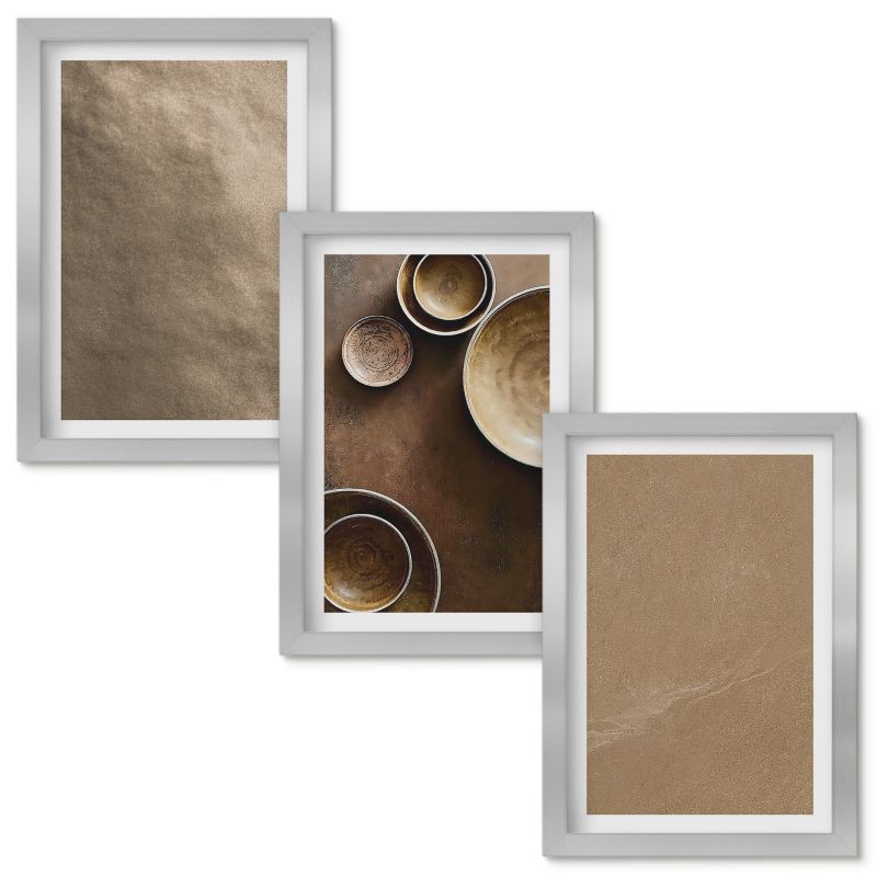 Zestaw obrazów Wallfluent Kamienne struktury minimalistyczne Srebrna rama 20x30cm 3 szt.