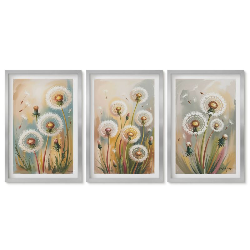 Zestaw 3 obrazów w srebrnej ramie Tulup 40x60 cm Kwiaty dmuchawców pastelowe trawy Stylowa galeria nad biurko 1 kpl