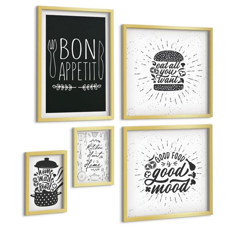 Komplet 5 Obrazów ArtPrintCave (2x50x50+2x20x30+40x60cm) Złota rama Grafika jedzenie hasła kulinarne 1 kpl.