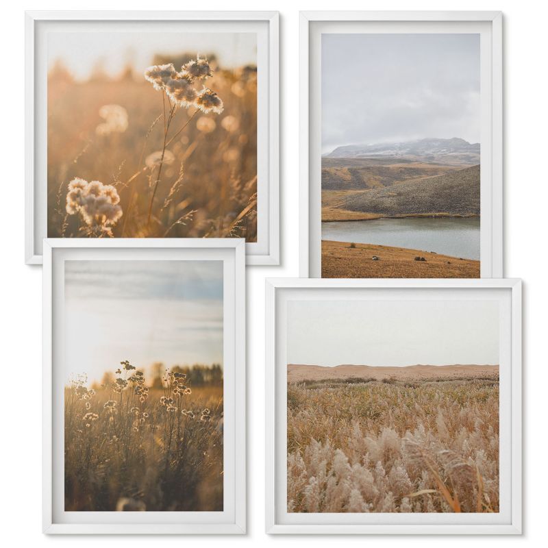 Obraz Ścienny Zestaw Wallfluent Krajobrazy łąki góry jezioro Biała rama 4 szt.