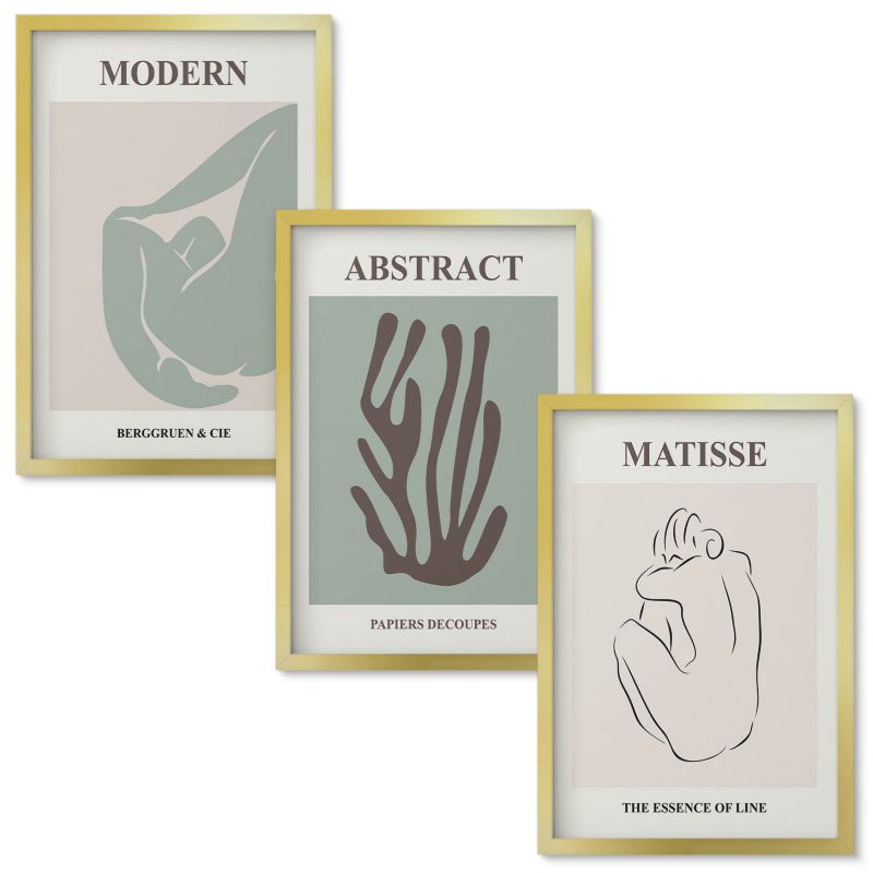 Obrazy do Salonu Wallfluent Stylowe abstrakcyjne obrazy Matisse Złota rama 40x60 cm 3 szt.