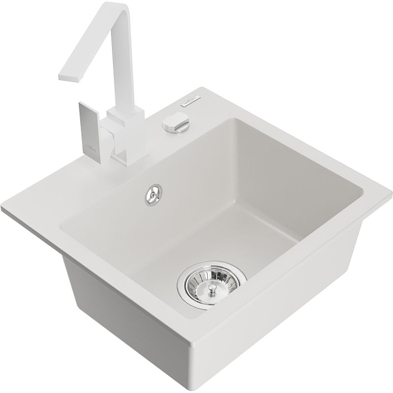 Zlewozmywak granitowy 1-komorowy Mexen Milo z baterią kuchenną Rita biały 6505-20-670300-20