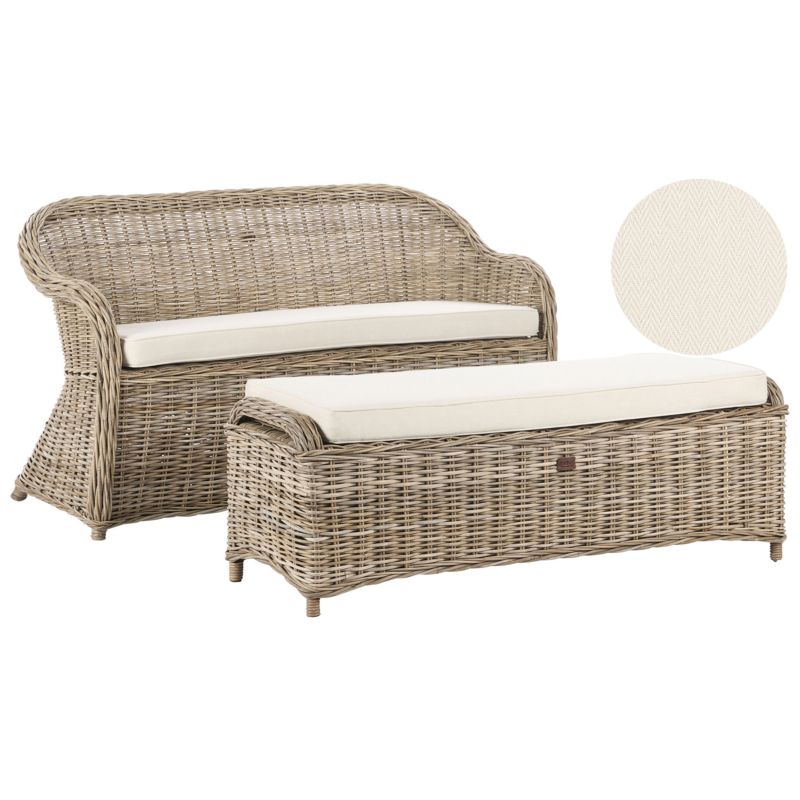 Ławka ogrodowa z poduchą Susua 141 cm z otomaną Rattan Naturalny 1 kpl