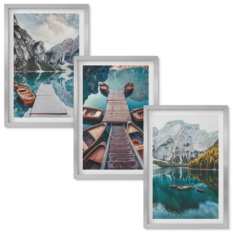 Zestaw obrazów Wallfluent Jezioro pomosty góry Srebrna rama 40x60 cm 3 szt.