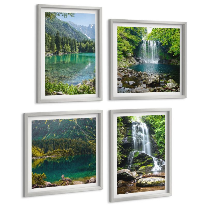 Zestaw Obrazów 4 Częściowy ArtPrintCave (2x50x50+2x40x60cm) Srebrna rama Wodospady w zielonym otoczeniu 1 kpl.