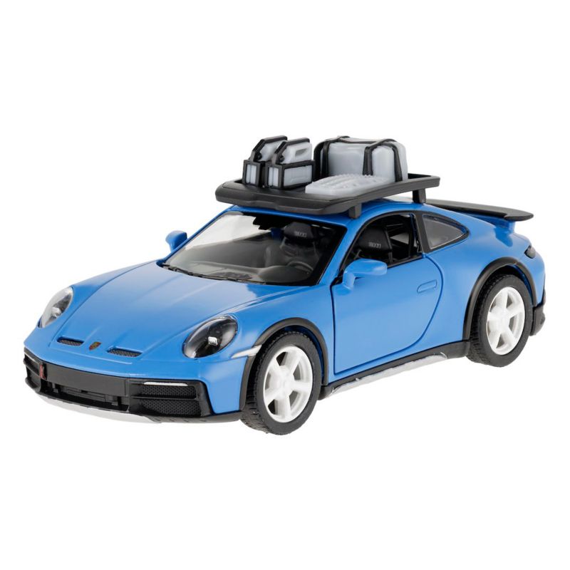 Model 1:36, Porsche 911 Rallye z bagażnikiem dachowym, niebieski, Carmotion, 1 szt