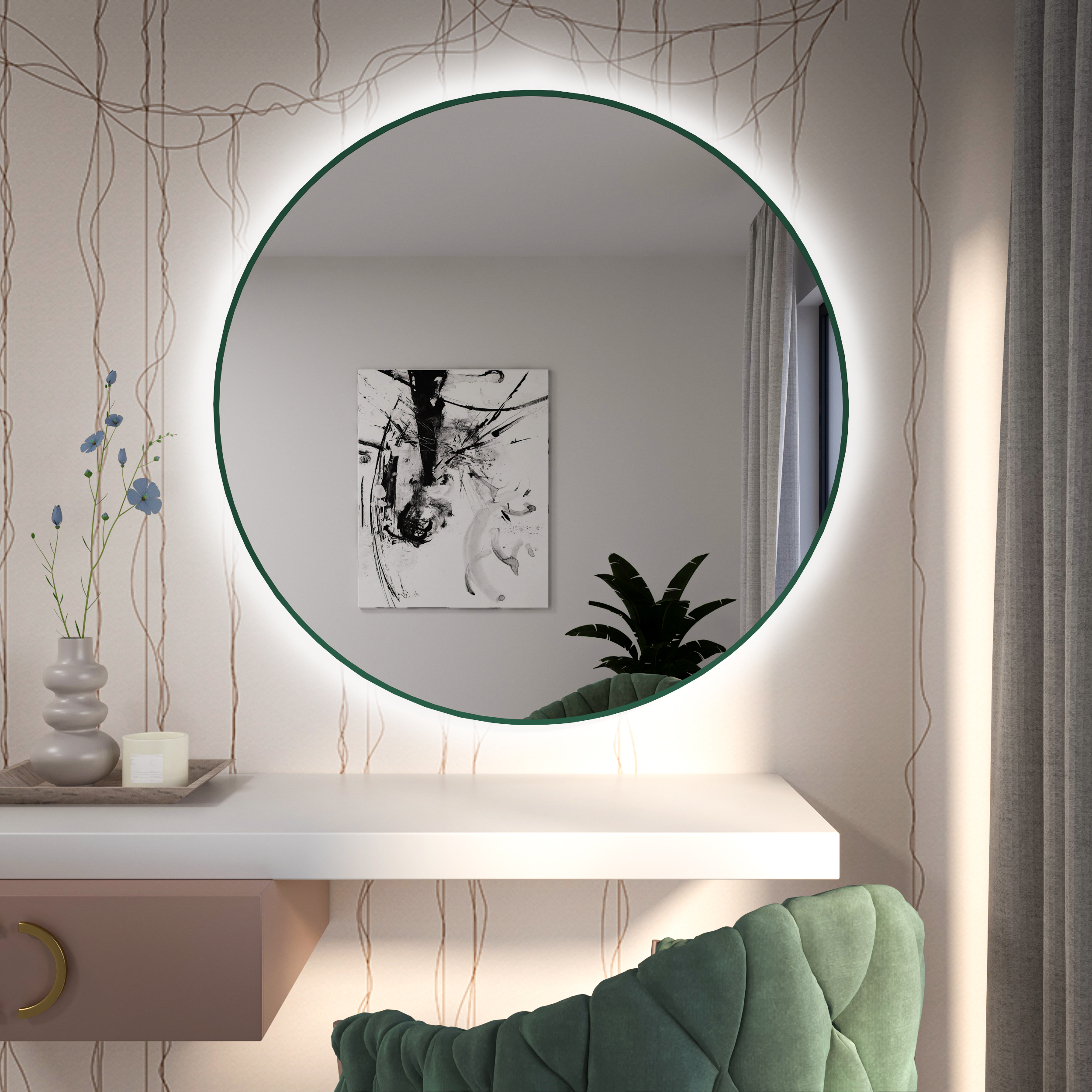 Baltica Design Tiny Border Round LED lustro okrągłe 100x100 cm butelkowa zieleń barwa ciepła