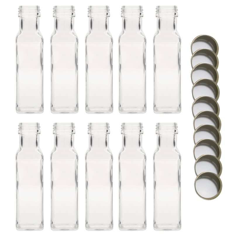Butelki szklane MODO24 100 ml maraska kwadratowa na soki i oliwę fi 31 z nakrętkami 10 szt.