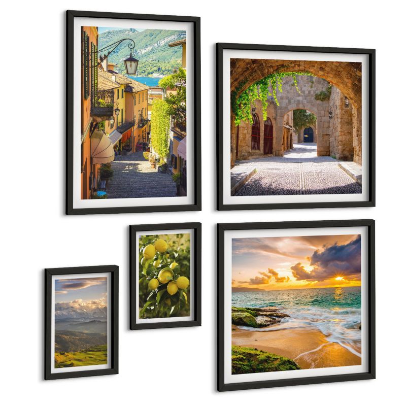 Komplet 5 Obrazów ArtPrintCave (2x50x50+2x20x30+40x60cm) Czarna rama Malownicze uliczki morza plaża 1 kpl.