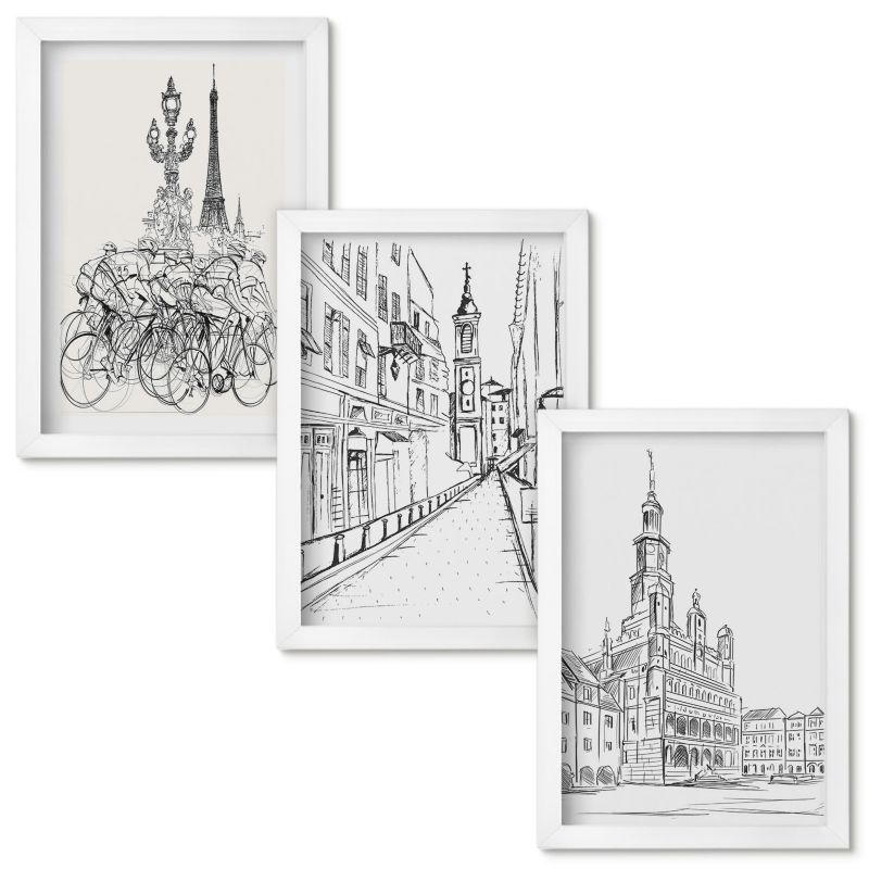 Zestaw Obrazów w Ramie Wallfluent Proste rysunki miejskich krajobrazów Biała rama 20x30cm 3 szt.