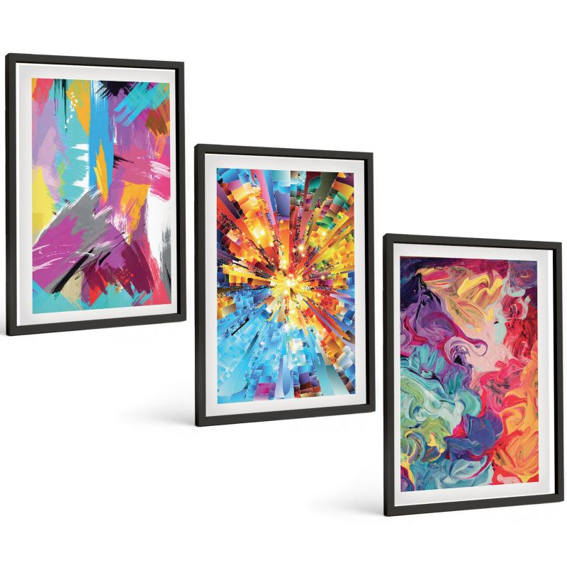 Trzyczęściowy Zestaw Obrazów ArtPrintCave 40x60 cm Czarna rama Kolorowe abstrakcje farb wzory 1 kpl.