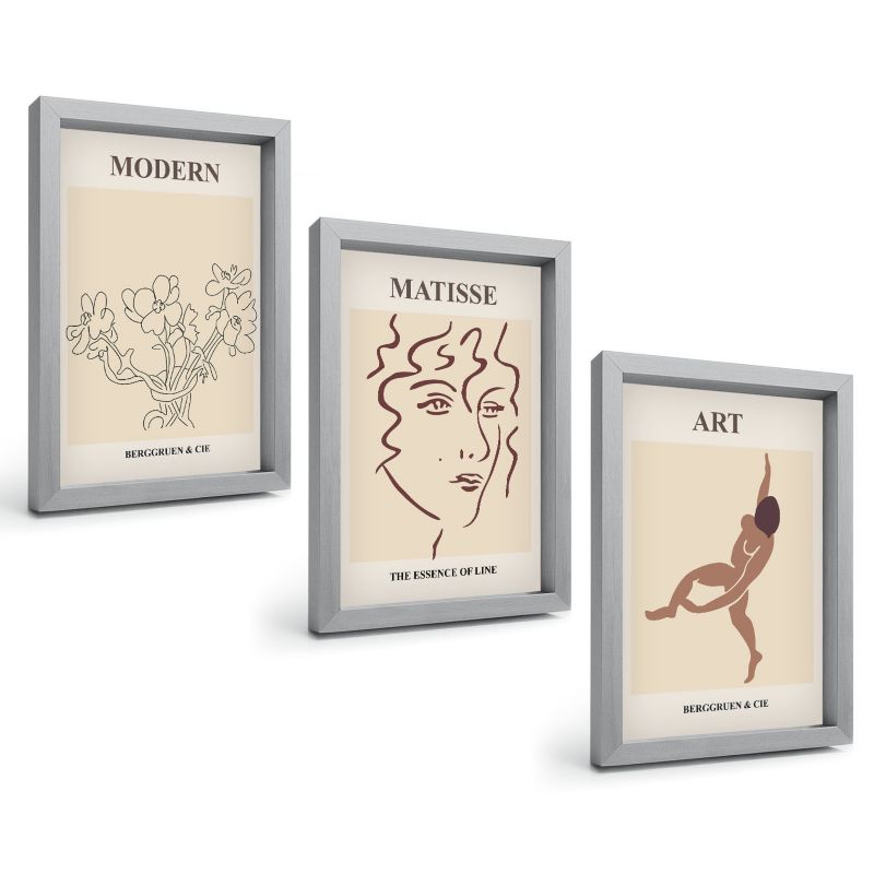 Komplet 3 Obrazów w Srebrnej Ramie ArtPrintCave 20x30 cm Grafika Ścienna Stylowe grafiki kwiaty postaci 1 kpl.