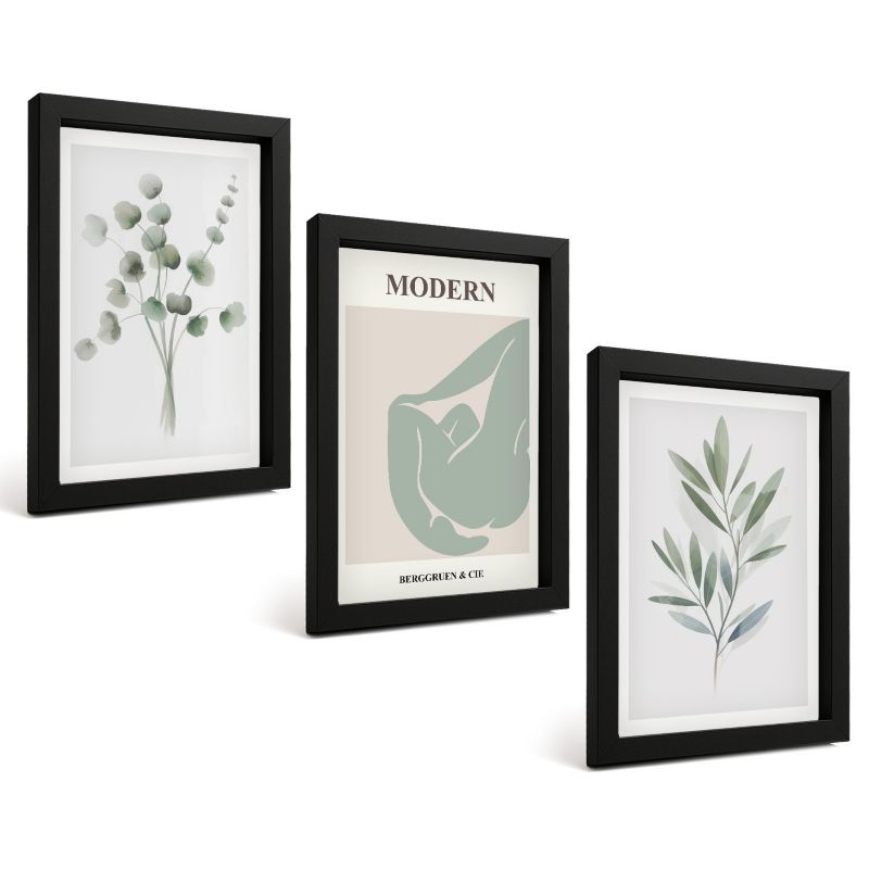 Zestaw Obrazów 3 Częściowy ArtPrintCave Czarne Ramki 20x30 cm Dekoracja do Sypialni Roślinne motywy w zieleni 1 kpl.