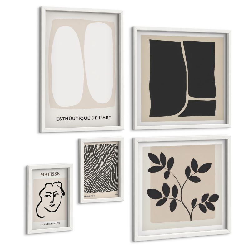 Pięcioczęściowy Zestaw Obrazów ArtPrintCave (2x50x50+2x20x30+40x60cm) Biała rama Wzory roślinne minimalistyczne 1 kpl.