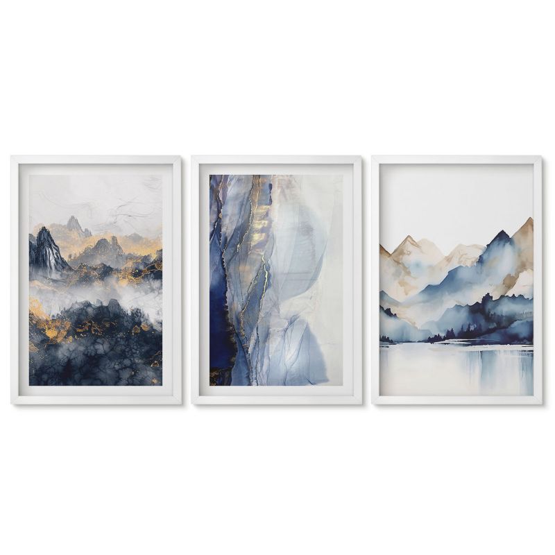 Zestaw 3 obrazów w białych ramach Tulup 40x60 cm Górskie krajobrazy niebieskie szare Tryptyk 1 kpl
