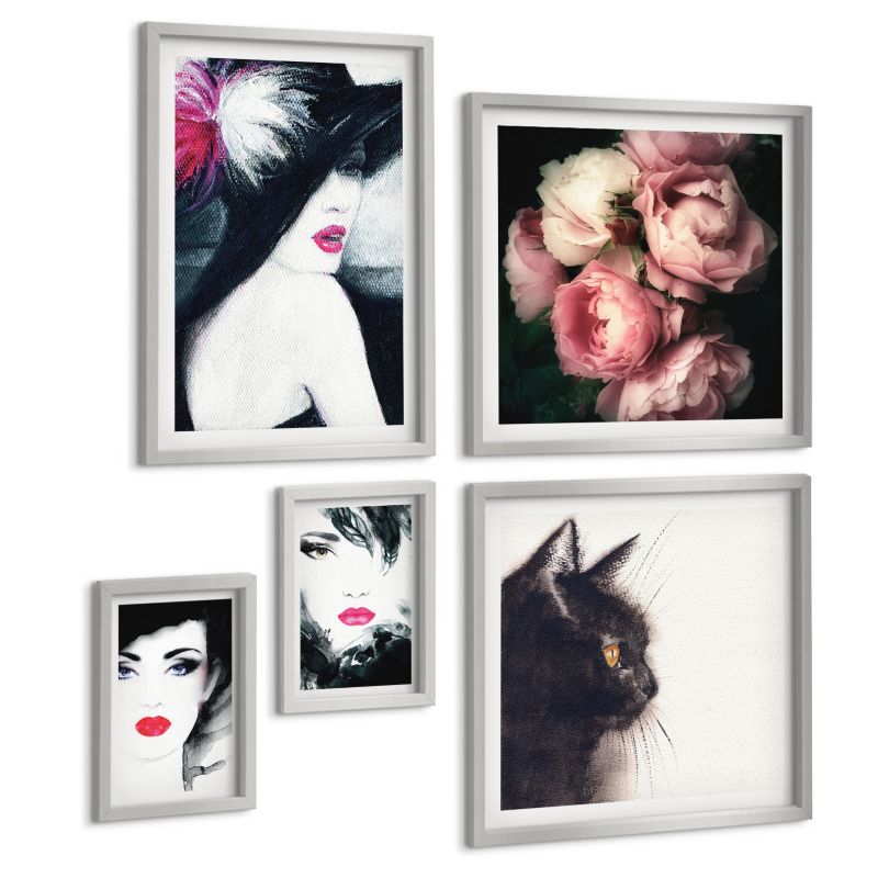 Pięcioczęściowy Zestaw Obrazów ArtPrintCave (2x50x50+2x20x30+40x60cm) Srebrna rama Morze muszelki książka boho 1 kpl.