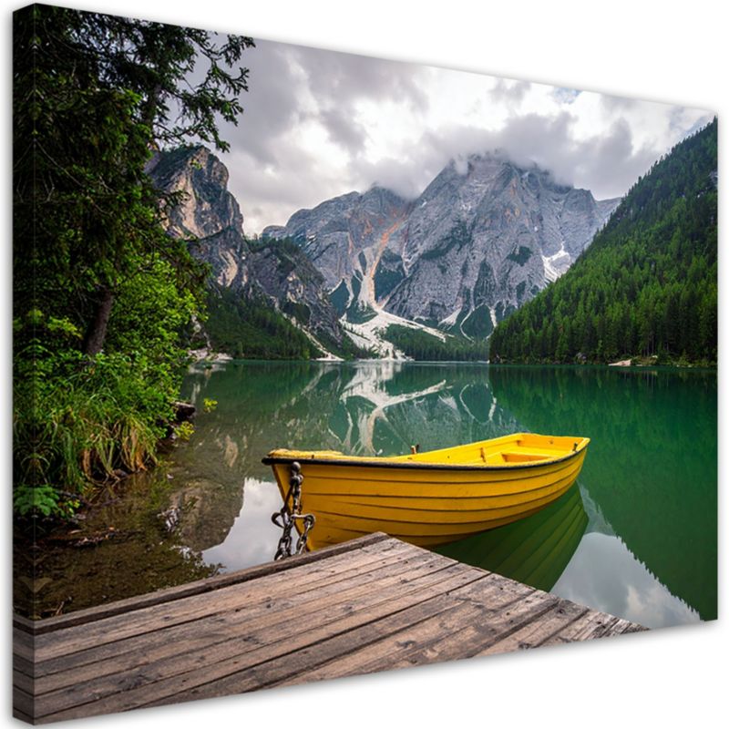 Obraz na płótnie Feeby Jezioro łódka góry pejzaż, poziomy, dekoracja do salonu, wzór 29757, 120x80 cm, 1 szt.