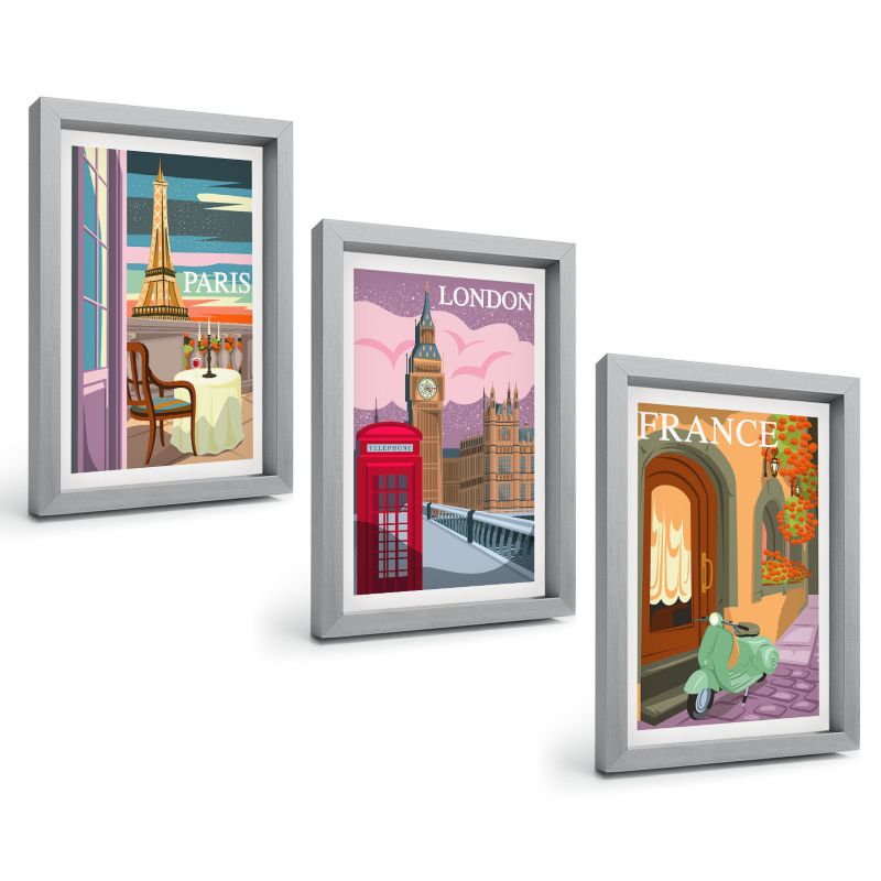 Zestaw Obrazów 3 Częściowy ArtPrintCave Srebrne Ramki 20x30 cm Dekoracja do Sypialni Widoki Paryż Londyn retro 1 kpl.