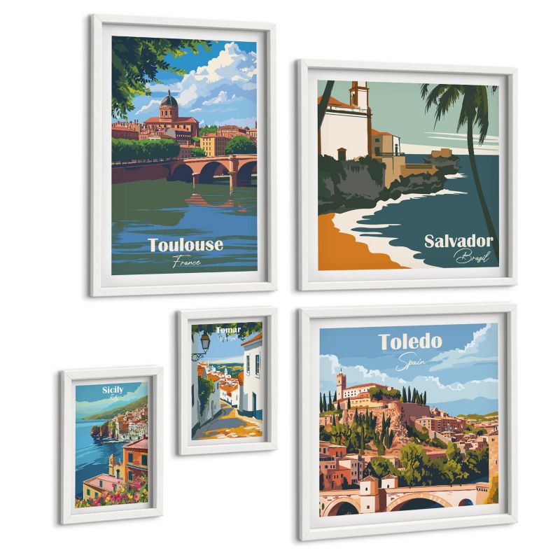 Zestaw 5 Obrazów ArtPrintCave (2x50x50+2x20x30+40x60cm) Biała rama Góry retro architektura ilustracje 1 kpl.
