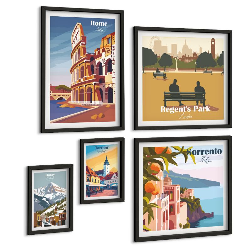Galeria 5 Obrazów ArtPrintCave (2x50x50+2x20x30+40x60cm) Czarna rama Boho wzory owoców papai 1 kpl.