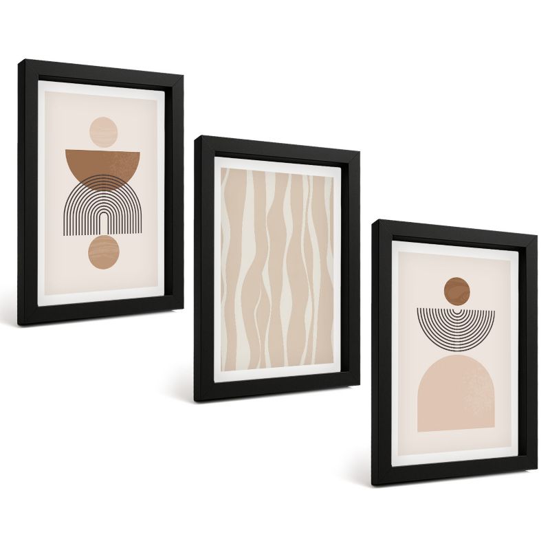 Komplet 3 Obrazów w Czarnej Ramie ArtPrintCave 20x30 cm Grafika Ścienna Abstrakcyjne kształty brąz beż 1 kpl.