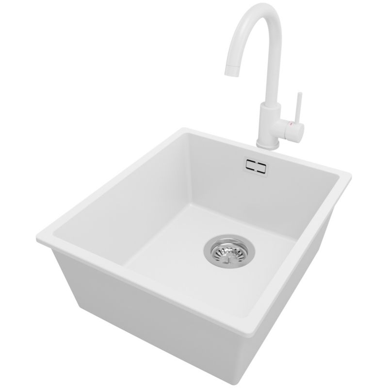 Zlewozmywak podblatowy Londyn PRIMAGRAN 41x47cm do Szafki od 45cm, Biały + Bateria 32x20cm + Syfon, S129, 1 szt.