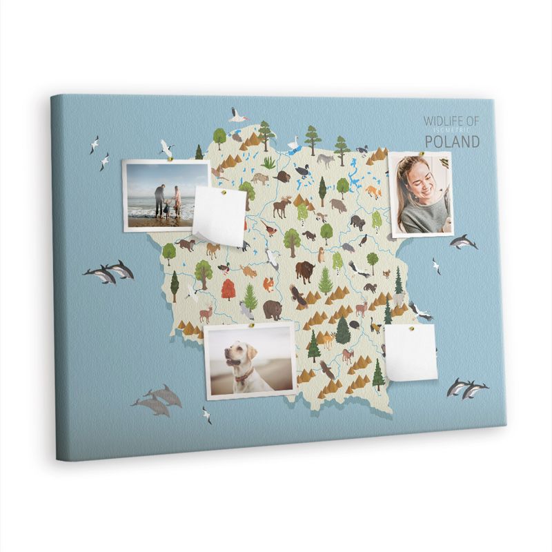 Tablica Korkowa Na Płótnie Tulup 100x70 cm Polska Mapa zwierząt Ozdobna loft Pinezki metaliczne 1 kpl