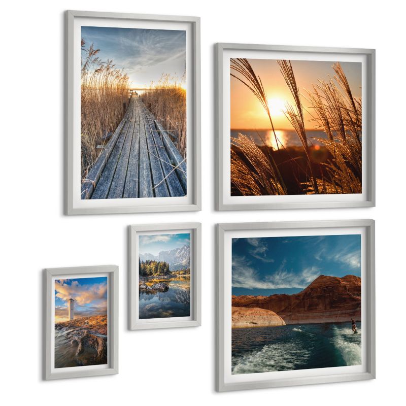 Galeria 5 Obrazów ArtPrintCave (2x50x50+2x20x30+40x60cm) Srebrna rama Latarnia morska trawa pomost 1 kpl.