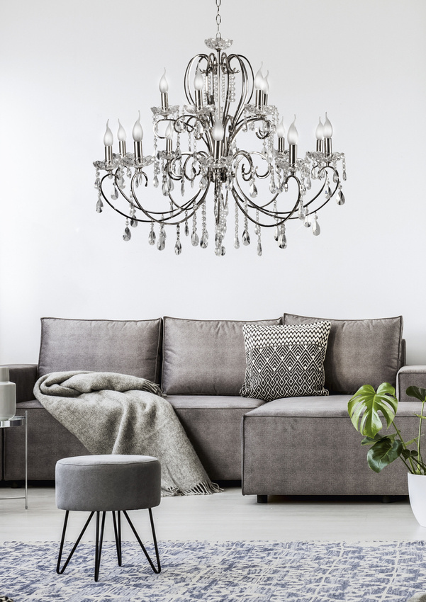 Srebrny żyrandol lampa wisząca z kryształami do salonu AURORA metal
