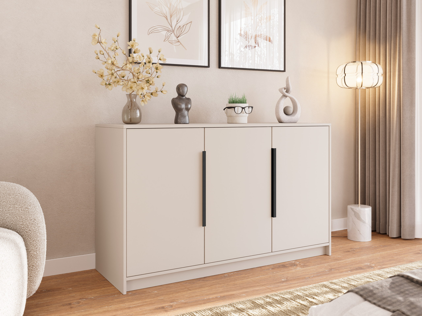 Trzydrzwiowa komoda 150 cm kaszmirowa do salonu LESTO